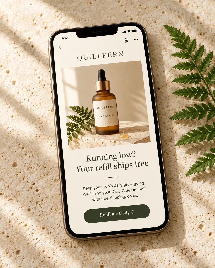 A Quillfern refill email on a phone